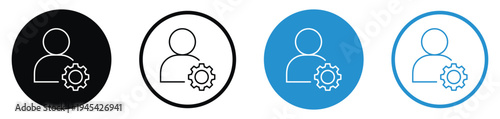 User profile and gear settings icon set. Minimalist design showing a person silhouette with a cogwheel in four style variations. Ideal for account management and system preference UI.