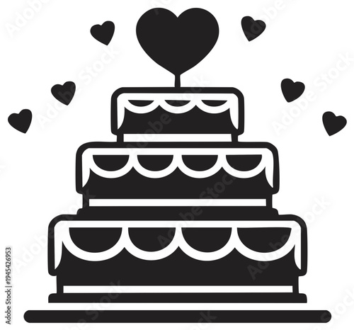 Elegant three-tiered wedding cake adorned with heart decorations, simple black and white vector design for celebration themes
