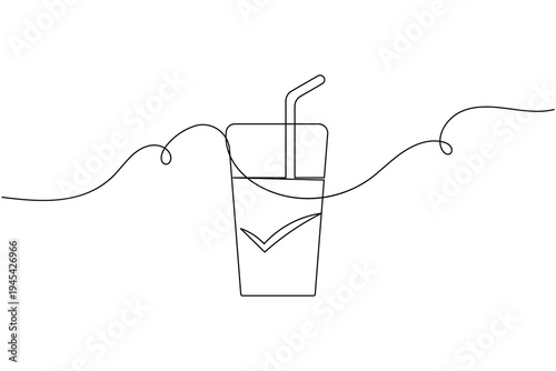 Save drink glass with straw checkmark sign icon continuous one line drawing on white background minimalist approved beverage tick symbol outline vector illustration