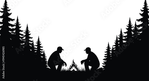 Silhouette of two people camping in a forest