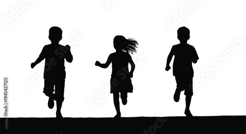 Silhouette image capturing the joyful motion of three young children running together across an open space, suggesting freedom, energy, and childhood play against a bright background.