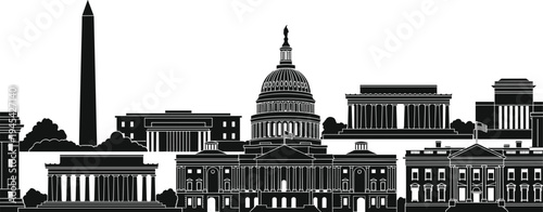 Washington DC skyline silhouette illustration featuring Capitol Building, White House, Lincoln Memorial, Washington Monument, American heritage, historic landmarks, architecture