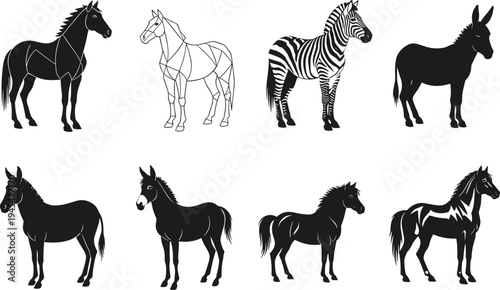 Silhouettes of diverse equidae, including horses, donkeys, and a zebra, with various styles from solid black to outlined geometric shapes