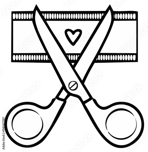 Film Editing with Scissors and Heart Symbol, Retro Filmstrip Reel Cutting for Love Story Movie