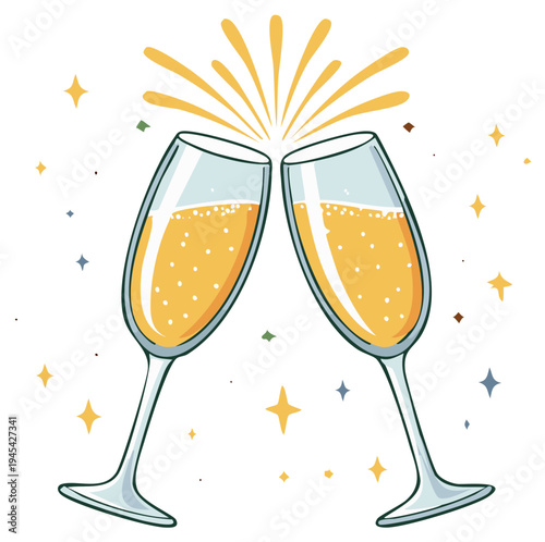 Two sparkling champagne flutes toasting a festive celebration with bubbles and stars