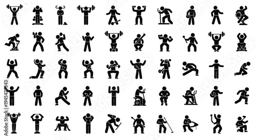 A comprehensive collection of diverse black silhouette human stick figures showcasing various exercise routines, athletic movements, sports activities, and physical fitness poses, ideal for representi
