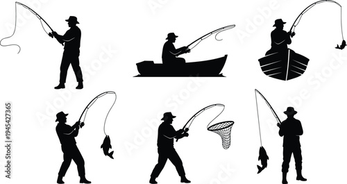 Silhouettes of diverse male fishermen in various poses, from casting a line and fishing from a boat to catching a fish, illustrating the outdoor hobby
