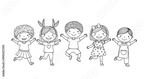 A delightful illustration featuring five adorable, diverse cartoon children with big smiles happily jumping together, showcasing friendship and joy in a simple black and white line art style perfect f