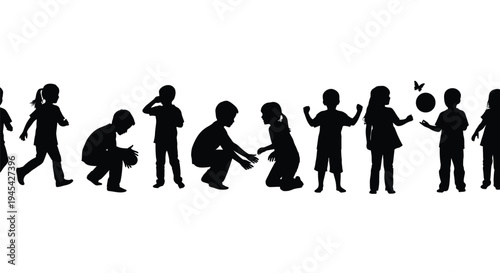 Diverse group of children silhouettes engaging in various playful activities like running bending standing and interacting with simple objects against a white background