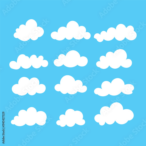 Cloud silhouette Abstract vector white collection in cute flat cartoon style for web background. Nature sky, cloud pattern, fume or misty fog art. Cloud texture and weather element symbol in eps 10.