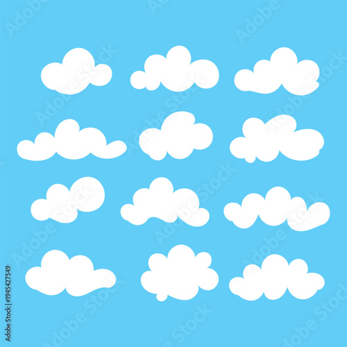Cloud silhouette Abstract vector white collection in cute flat cartoon style for web background. Nature sky, cloud pattern, fume or misty fog art. Cloud texture and weather element symbol in eps 10.