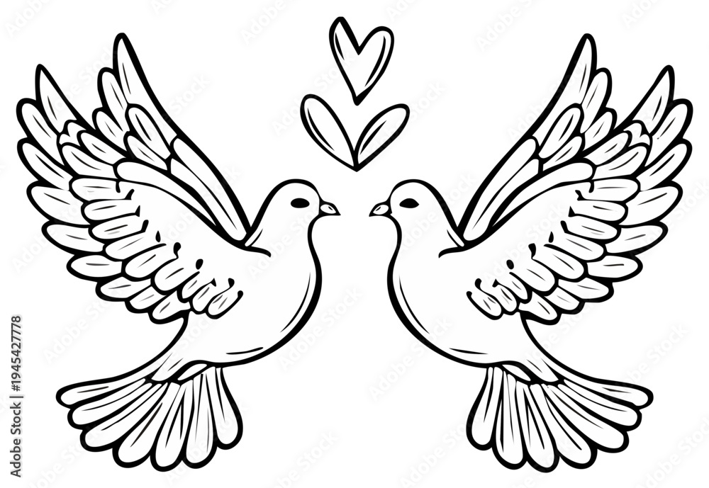 Fototapeta premium Two doves facing each other with hearts illustration, vector graphic.