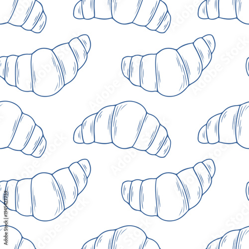 Minimalist seamless pattern with french croissants. Blue line art hand drawn vector background on white for bakery menu, cafe branding, kitchen textile design, pastry shop wrapping paper. Food print