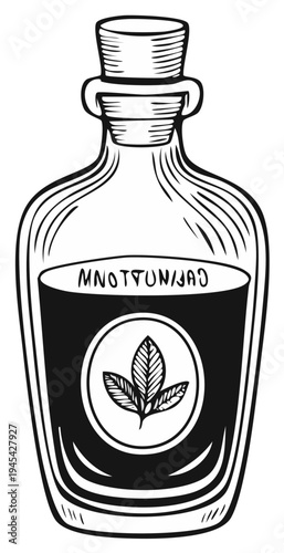 Antique apothecary bottle with natural remedy and cork stopper detailed illustration