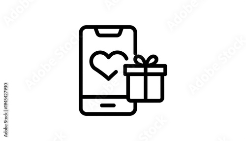 A black and white line art illustration depicts a smartphone with a heart symbol and a gift box next to it