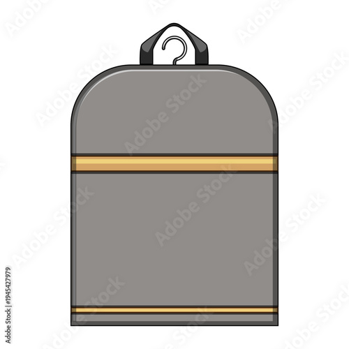 Garment bag showing a protective sleeve for clothing items, featuring gold stripe details and a hanging hook, symbolizing organization, dry cleaning, and business trips