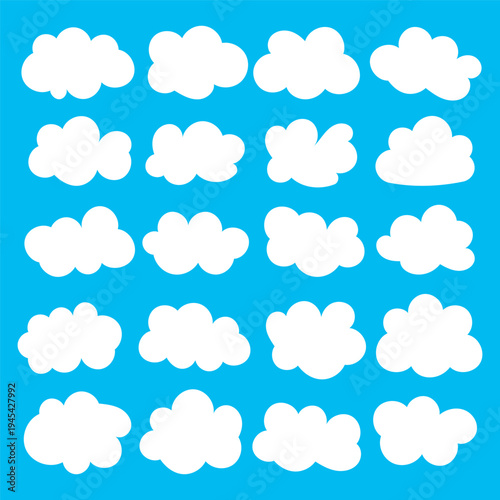 Cloud silhouette Abstract vector white collection in cute flat cartoon style for web background. Nature sky, cloud pattern, fume or misty fog art. Cloud texture and weather element symbol in eps 10.