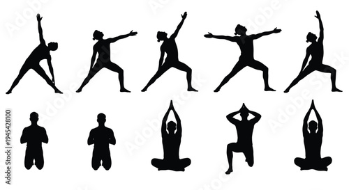 Collection of ten distinct black silhouette icons illustrating various popular yoga poses demonstrating balance strength and mindful stretching for fitness guides or wellness materials.