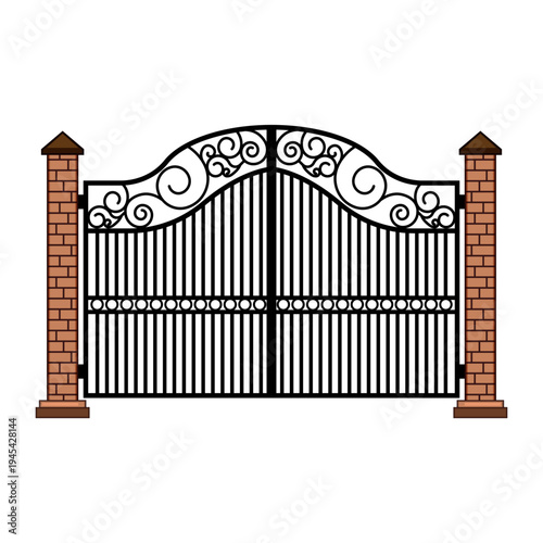 Ornate wrought iron gate featuring decorative scrollwork and vertical bars, flanked by sturdy brick pillars, symbolizing security, access, and home entrance