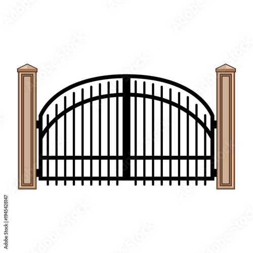 Ornate wrought iron gate with an arched top and vertical bars, flanked by two sturdy stone pillars, creating a classic and secure entrance for property access