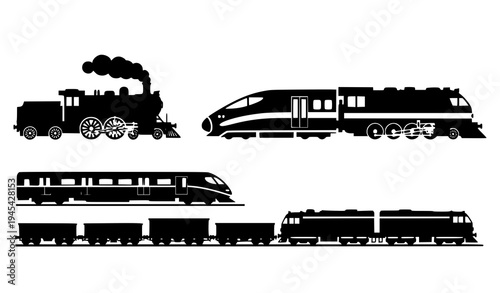 Train silhouette collection steam locomotive subway and freight rail vector set
