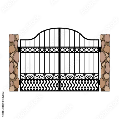 Ornate wrought iron gate forming a protective barrier and entrance, featuring decorative scrollwork and supported by rustic stone pillars on a white background