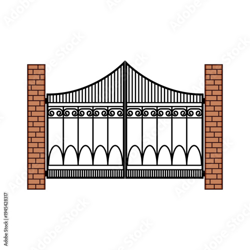 Ornate wrought iron gate featuring decorative scrolls and arches, flanked by sturdy brick pillars, symbolizing security, property, and privacy at an entrance