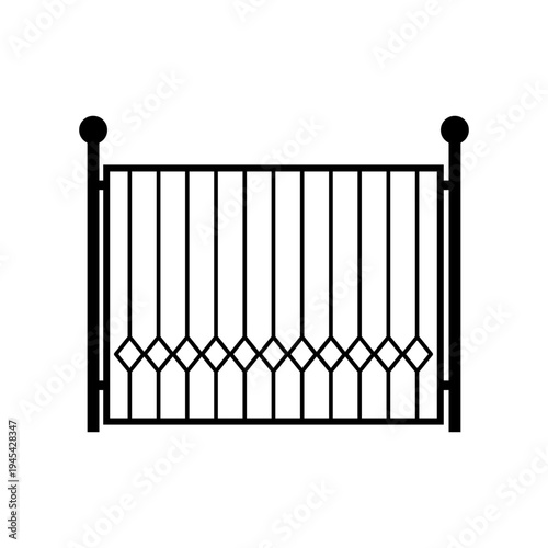 Black silhouette of a section of a decorative metal fence or gate featuring vertical bars, a diamond pattern at the bottom, and ball finials on posts against a white background