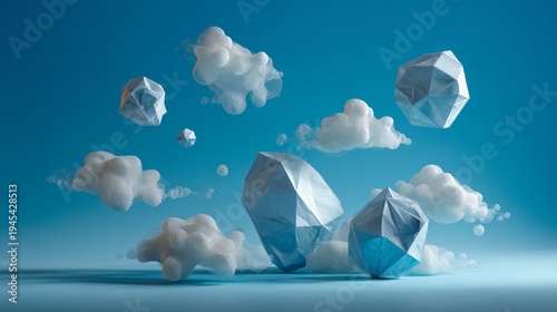 Abstract scene with geometric, crystalline forms floating among fluffy, stylized clouds against a gradient blue backdrop