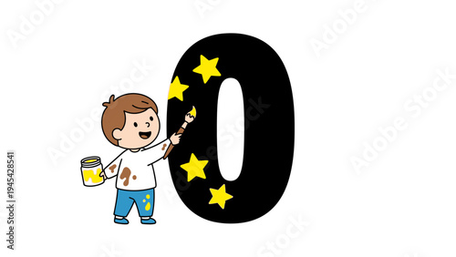 Cartoon boy painting large number zero.