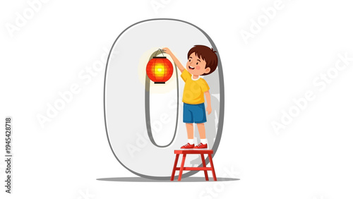 Child Painting Large Letter on White Background.