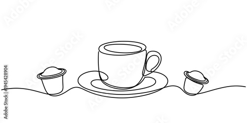 Coffee Cup On Saucer With Sugar Cubes Continuous Line Vector