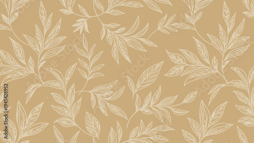 White Leaves Pattern on Beige Background.