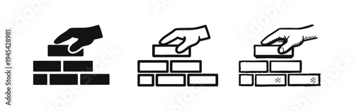 Hand Stacking Blocks Icon Set - Construction Development, Building Process, and Growth Symbols