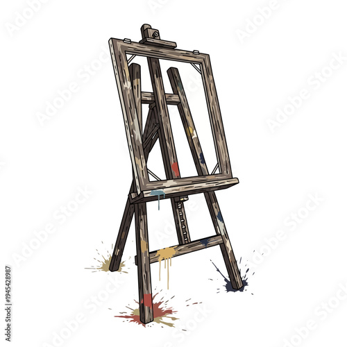 Wooden art easel with paint splatters and drips, isolated on white