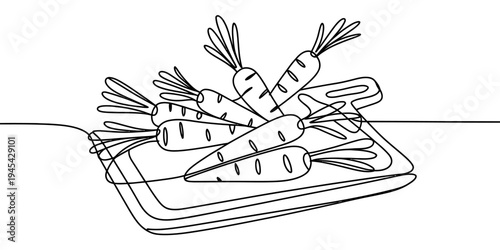 Fresh Carrots On Cutting Board Healthy Food Continuous Line Vector