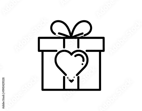 A black and white line art image of a present tied with a bow and featuring a heart on its front. It is perfect for Valentine's Day