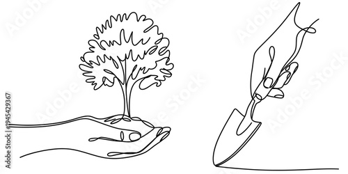 Hands Planting Tree With Shovel Environmental Protection Continuous Line Vector