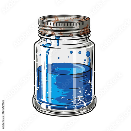 Glass Jar with Blue Liquid and Rusty Lid