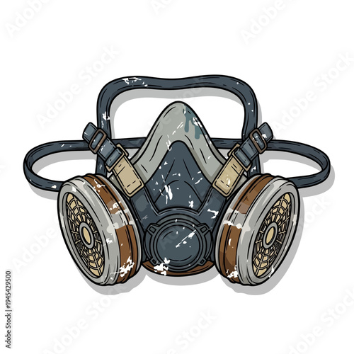 Industrial gas mask with worn texture and distressed look