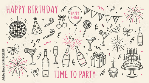 Birthday party celebration illustration with festive elements and decorations, including balloons, cake, and fireworks, in a colorful and joyful style, perfect for greeting cards and invitations.