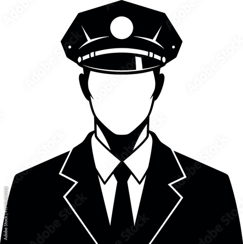 Black and white illustration of a faceless man in a police officer uniform
