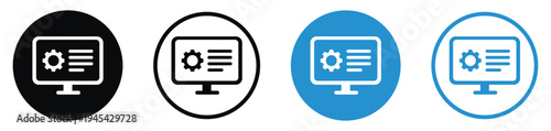 Laptop vector icons featuring a gear and data lines. Perfect for system settings, technical management, software configuration, and IT maintenance concepts in blue and black styles.