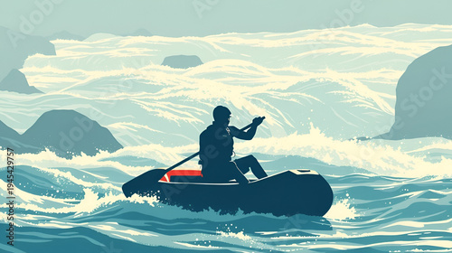 Whitewater rafting adventurer paddling an inflatable boat on rapids, vector silhouette