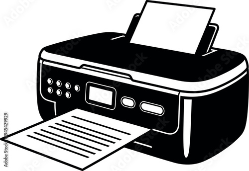 Black and white illustration of a printer with paper coming out