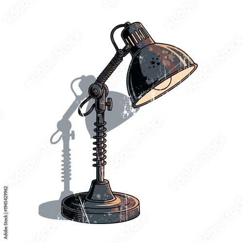 Vintage industrial desk lamp with shadow, isolated on white background