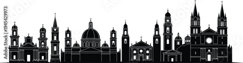 Cathedral skyline illustration featuring domes, spires, bell towers, gothic architecture, classical churches, religious monuments, heritage landmarks, cultural diversity