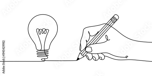 Hand Writing Idea With Light Bulb Continuous Line Vector Illustration