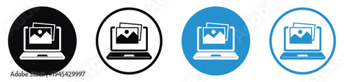 Laptop screen displaying a photo or image icon. Modern flat design showing media preview and digital gallery concepts in multiple color styles. Great for photography and web design assets.
