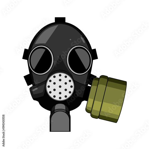 Gas mask illustration presenting protective equipment for hazardous environments, air pollution, and emergency situations requiring respiratory safety and survival